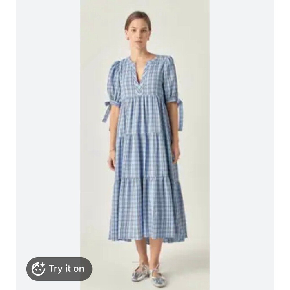 English Factory Gingham Tiered Midi Dress with Bow Tie Sleeves